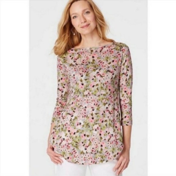 NEW J. Jill Love Linen Springtime Floral Keyhole Tie Back Tunic Blouse Top Small - Picture 1 of 11